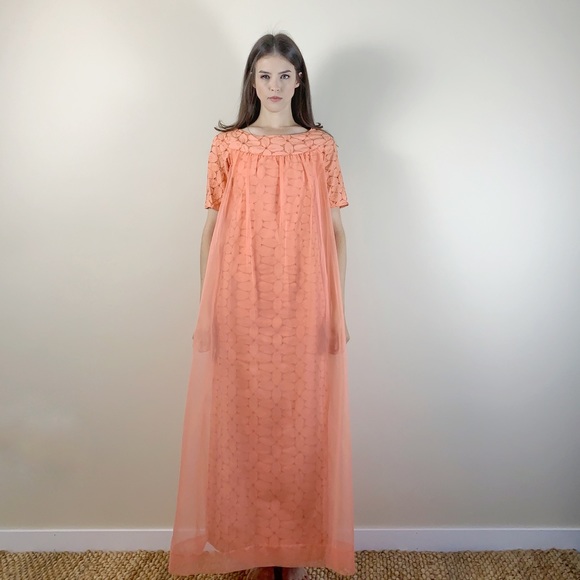 Vintage 1960s coral pink lace chiffon maxi dress